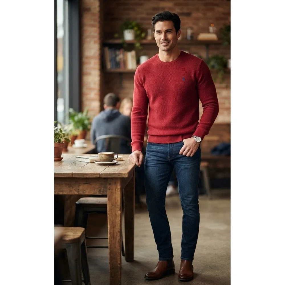 Polo Ralph Lauren Mens Red Pima Cotton Textured Crewneck Sweater Large L